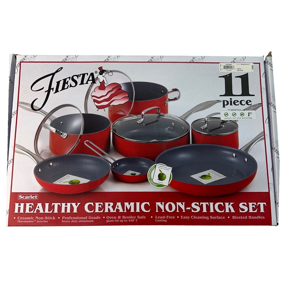Fiesta Healthy Ceramic Non-Stick Cookware Set Scarlet Red 11 Piece Pots and Pans